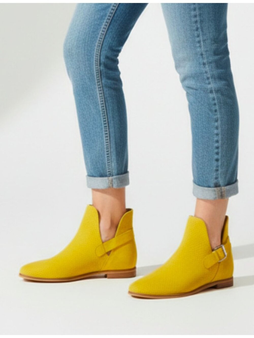 Khaki Perforated Faux Suede Pointed-Toe Ankle Boots With Buckle Strap Low Heel D